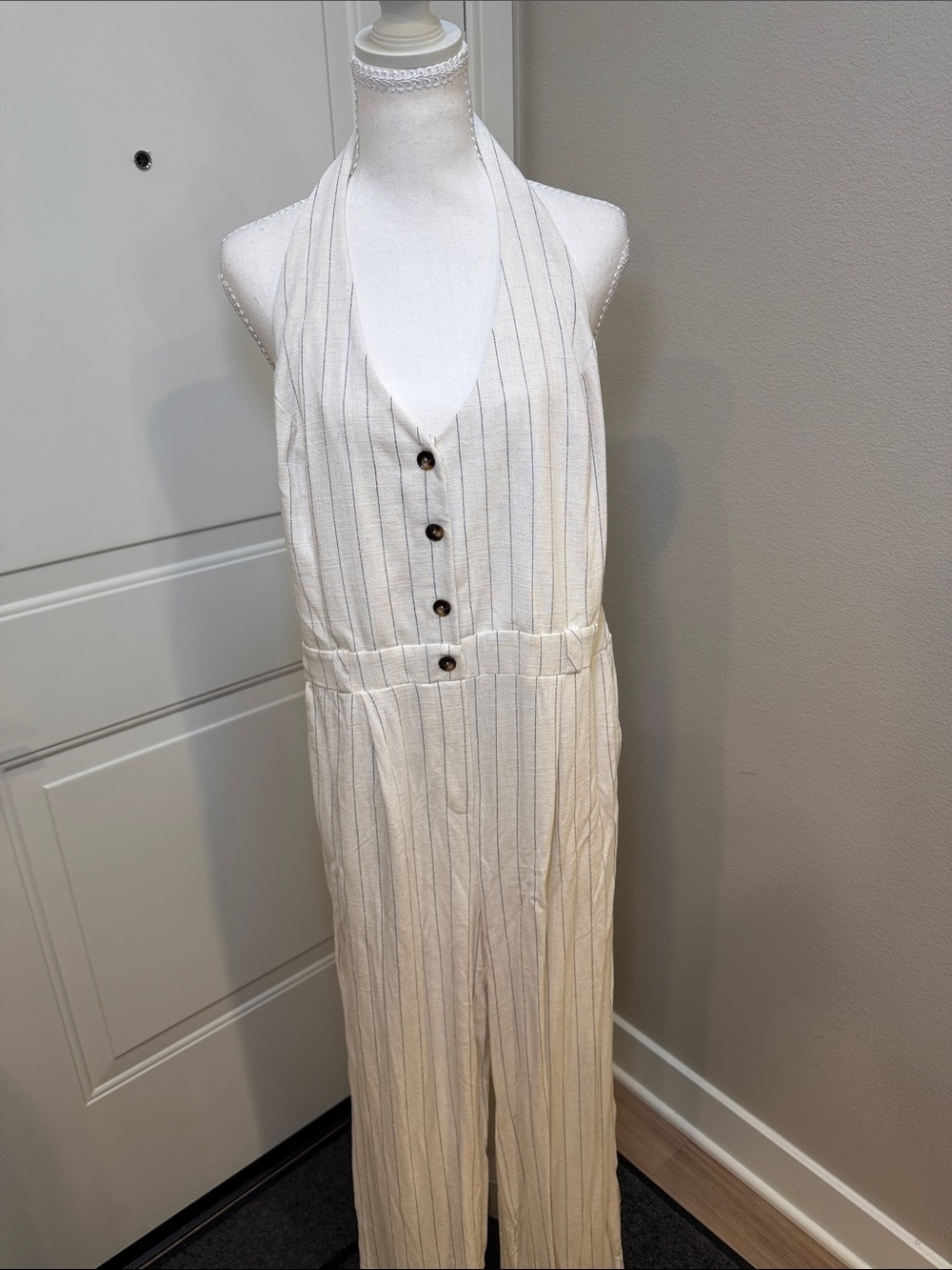 Sleeveless Cream Striped Halter Jumpsuit